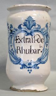 Pot à pharmacie " Extrait de rhubarbe », faïence, émail stannifère, décor peint, XVIIIe siècle