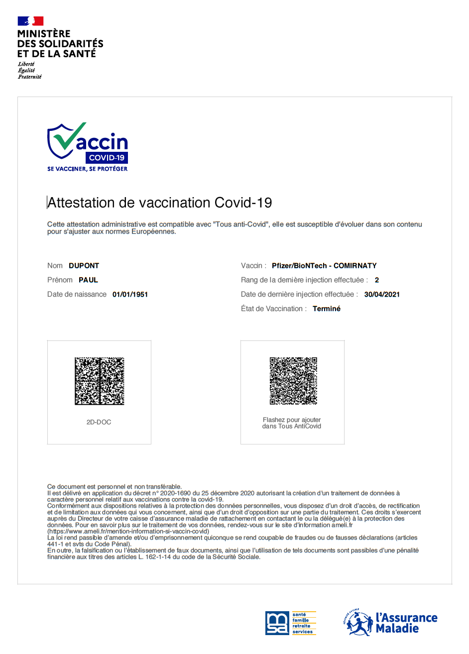 Attestation vaccination certifiée